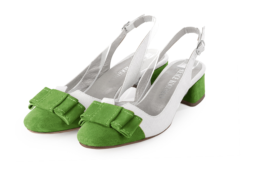French elegance and refinement for these grass green and pure white dress slingback shoes, with a knot, 
                available in many subtle leather and colour combinations. The pretty French spirit of this beautiful pump will accompany your steps nicely and comfortably.
To be personalized or not, with your materials and colors.  
                Matching clutches for parties, ceremonies and weddings.   
                You can customize these shoes to perfectly match your tastes or needs, and have a unique model.  
                Choice of leathers, colours, knots and heels. 
                Wide range of materials and shades carefully chosen.  
                Rich collection of flat, low, mid and high heels.  
                Small and large shoe sizes - Florence KOOIJMAN